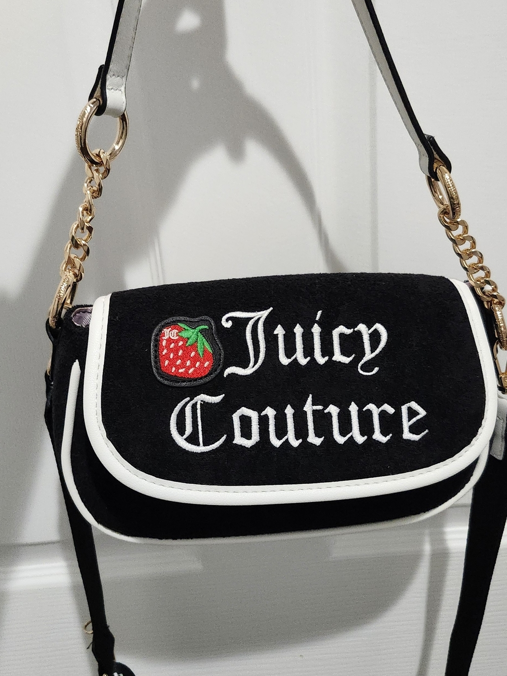 Juicy Couture Black Velvet Crossbody with White Trim and Strawberry Patch Y2K